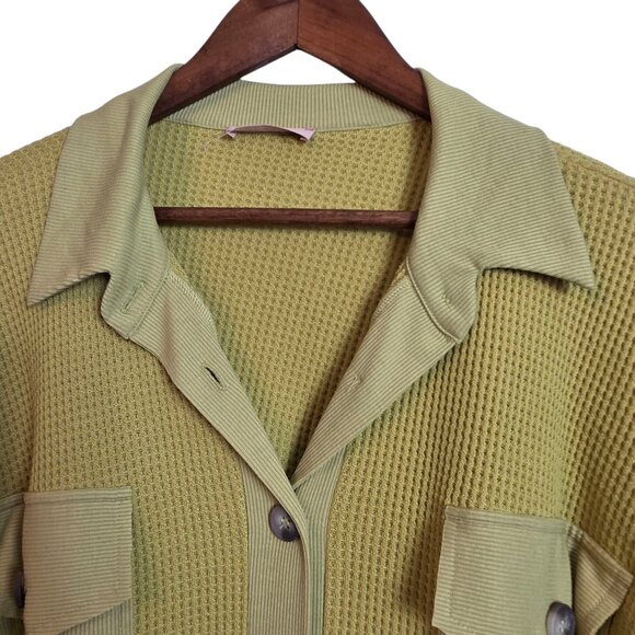Ces Femme Womens Waffle Knit Top Mustard Green Front Pockets Long Sleeves XLarge - Picture 5 of 14